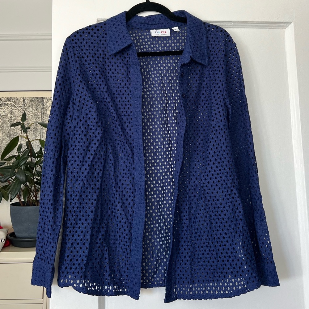 American Vintage Navy Blue Crochet Button-Up Blouse